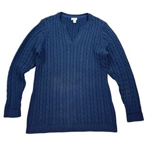 LL Bean Sweater Women's L Navy Blue Cable Knit Cotton V-Neck Pullover Classic
